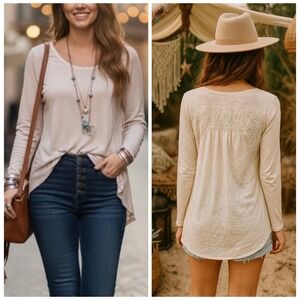 BORDEAUX Womens Long Sleeve Lace Trim Tunic Top‎ Shirt Beige Size S Boho